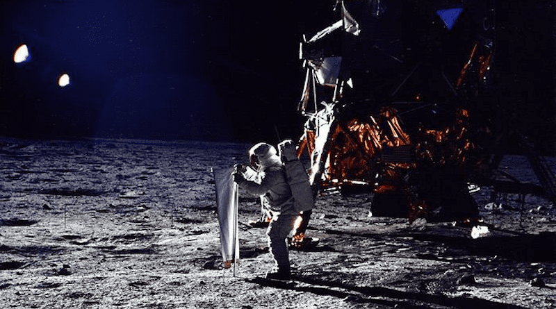 U.S. astronaut Buzz Aldrin erects solar wind experiment. CREDIT: NASA