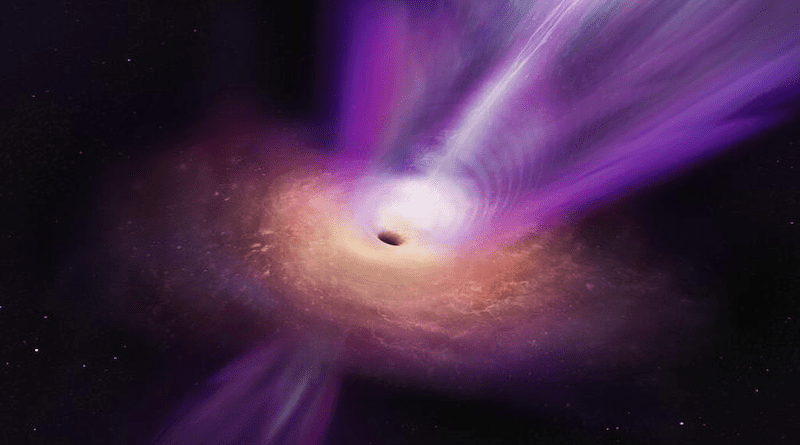 Artist’s concept of a black hole. This representation includes a disk of overheated material that is being pulled by the gravitational field, and also the jets of material being spewed perpendicularly to the disk. These jets shine brightly in radio frequencies, a signal the authors of this study are able to predict from the automatic analysis of astronomical images using machine learning techniques. Source: https://www.eso.org/public/portugal/images/eso2305b/ CREDIT S. Dagnello (NRAO/AUI/NSF)