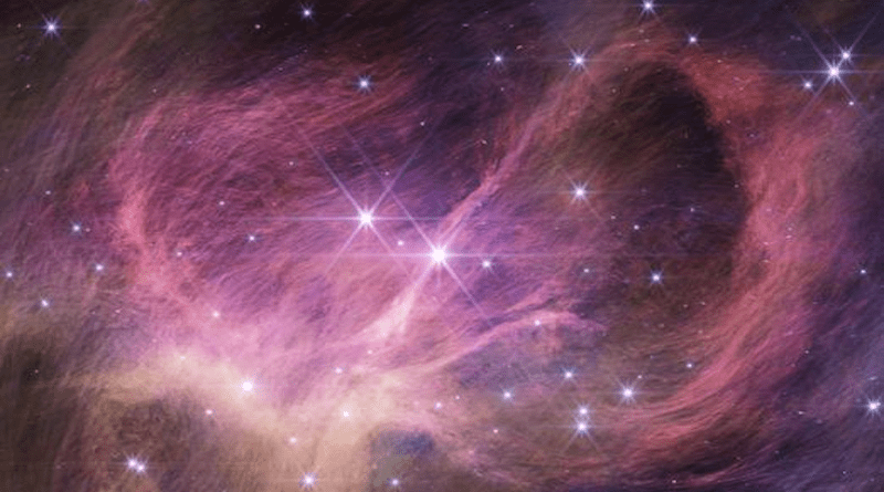 This image from the NIRCam (Near-Infrared Camera) instrument on NASA’s James Webb Space Telescope shows the central portion of the star cluster IC 348. The wispy curtains filling the image are interstellar material reflecting the light from the cluster’s stars – what is known as a reflection nebula. The material also includes carbon-containing molecules known as polycyclic aromatic hydrocarbons, or PAHs. Winds from the most massive stars in the cluster may help sculpt the large loop seen on the right side of the field of view. CREDIT NASA, ESA, CSA, STScI, K. Luhman (Penn State University), and C. Alves de Oliveira (ESA)