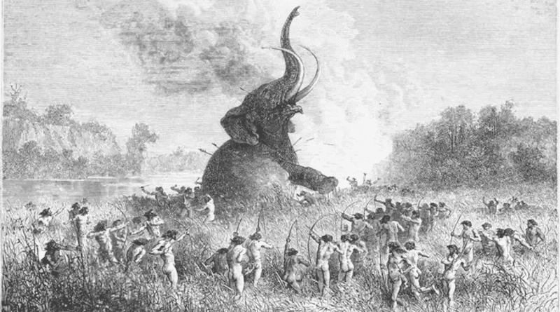 Prehistoric people are attacking an elephant. New research shows that humans and not the climate caused a sharp decline in almost all megafauna on Earth 50.000 years ago. CREDIT: First printed in Bryant & Gay, 1883. Wood carving by E. Bayard.