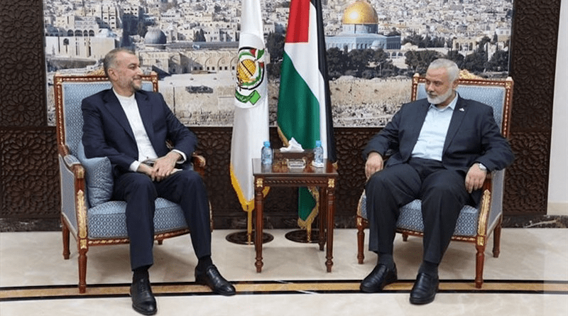 Iranian Foreign Minister Hossein Amirabdollahian with Head of Hamas' Political Bureau Ismail Haniyeh. Photo Credit: Tasnim News Agency