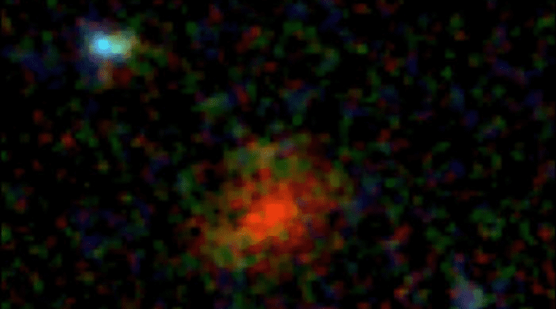 Color composite of galaxy AzTECC71 from multiple color filters in the NIRCam instrument on the James Webb Space Telescope. Credit: J. McKinney/M. Franco/C. Casey/University of Texas at Austin.