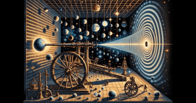 The image depicts an experiment in which heavy particles(illustrated as the moon), cause an interference pattern (a quantum effect), while also bendingspacetime. The hanging pendulums depict the measurement of spacetime. The actual experiment istypically performed using Carbon-60, one of the largest known molecules. The UCL calculationindicates that the experiment should also be performed using higher density atoms such as gold. The other two images represent the two experiments proposed by the UCL group, both of whichconstrain any theory where spacetime is treated classically. One is the weighing of a mass, the otheris an interference experiment. CREDIT: Isaac Young
