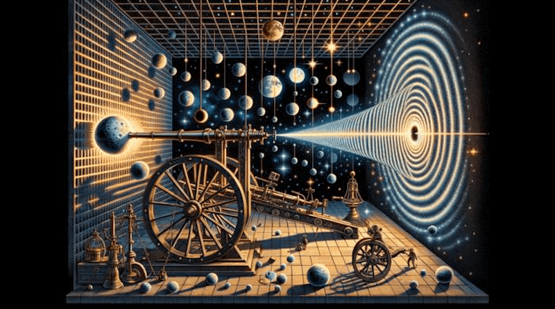 The image depicts an experiment in which heavy particles(illustrated as the moon), cause an interference pattern (a quantum effect), while also bendingspacetime. The hanging pendulums depict the measurement of spacetime. The actual experiment istypically performed using Carbon-60, one of the largest known molecules. The UCL calculationindicates that the experiment should also be performed using higher density atoms such as gold. The other two images represent the two experiments proposed by the UCL group, both of whichconstrain any theory where spacetime is treated classically. One is the weighing of a mass, the otheris an interference experiment. CREDIT: Isaac Young