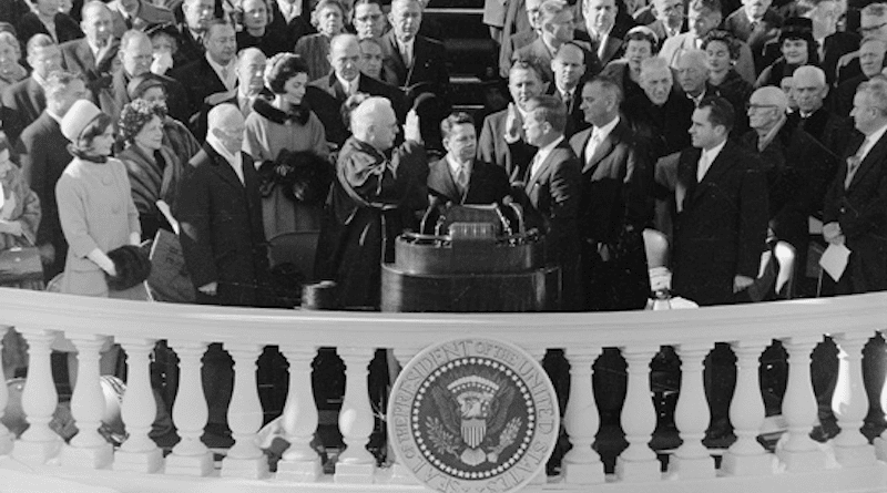 Chief Justice Earl Warren administers the presidential oath of office to John F. Kennedy at the Capitol, January 20, 1961. Photo Credit: Records of the Office of the Chief Signal Officer, Wikipedia Commons