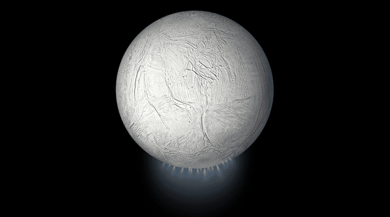 This artistic rendering shows ice plumes being ejected from Enceladus at speeds of up to 800 miles/hour. CREDIT: NASA