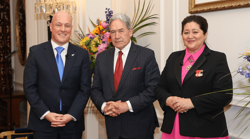 New Zealand's Christopher Luxon with Deputy Prime Minister Winston Peters and Governor-General Dame Cindy Kiro at the appointment of the new government, 27 November 2023. Photo Credit: Doug Mountain, Wikipedia Commons