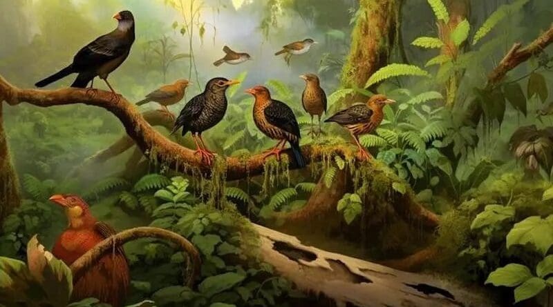 An AI-generated image of what the unknown extinct birds might have looked like. CREDIT: UKCEH
