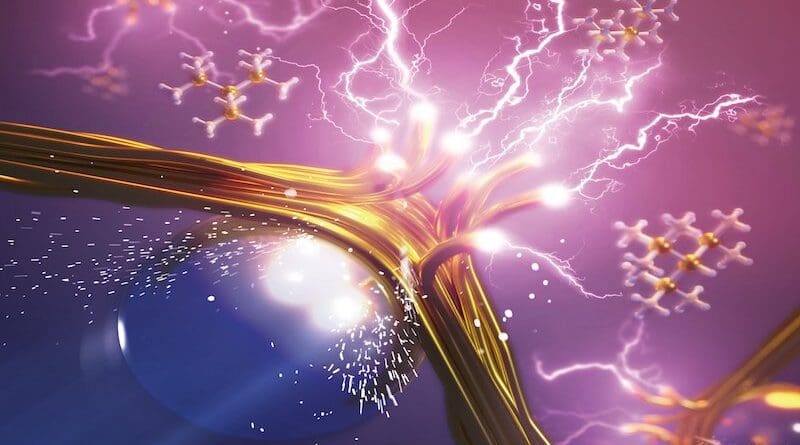Artistic depiction of extremely reactive molecules called radicals being generated from plastic fibers. (Illustration: Koji Kubota and Hajime Ito)