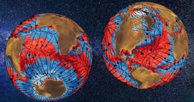 This illustration by Benjamin Storer shows oceanic weather systems (mesoscale eddies) from data overlaid with atmospherically driven climate-scale currents (black lines), which can be extracted with a coarse graining technique developed in the lab of Hussein Aluie. The image reveals how these ocean weather systems are energized (red) or weakened (blue) when interacting with climate-scales, which follows a pattern mirroring the global atmospheric circulation. CREDIT: University of Rochester / Benjamin Storer