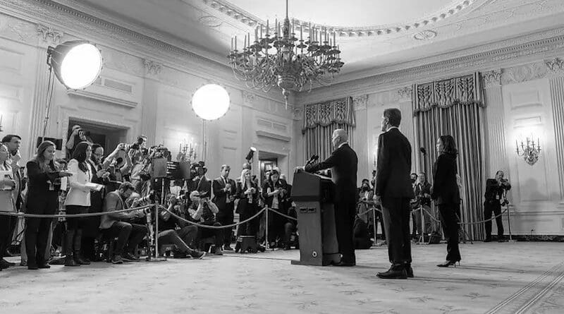 File photo of President Joe Biden delivering remarks on the terrorist attacks in Israel in the State Dining Room of the White House. (Official White House Photo by Adam Schultz)