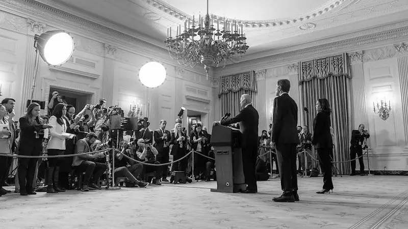 File photo of President Joe Biden delivering remarks on the terrorist attacks in Israel in the State Dining Room of the White House. (Official White House Photo by Adam Schultz)