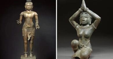 Possibly Standing Shiva [left], Thailand, Angkor period, 11th century, gilt-copper alloy with silver inlay and Kneeling Female, Thailand, Angkor period, Khmer style of the Baphuon, second half of the 11th century, bronze inlaid with silver and traces of gold. [Metropolitan Museum of Art]