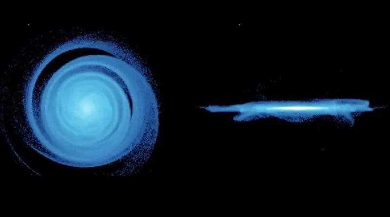 Illustration of a galaxy disk being disturbed. Credit: Jonathan Bland-Hawthorn and Thorsten Tepper-Garcia/University of Sydney
