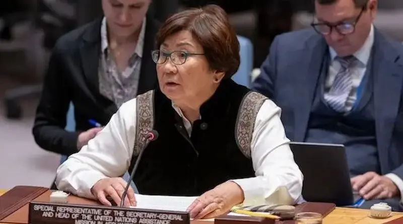 Roza Otunbayeva, Special Representative of the Secretary-General and Head of the UN Assistance Mission in Afghanistan, briefs the Security Council meeting on the situation in the country. Photo Credit: UN Photo/Manuel Elías