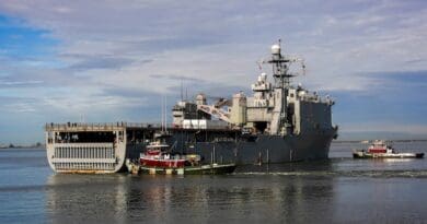 The dock landing ship USS Gunston Hall sails out of Naval Station Norfolk, Va., beginning operations for Exercise Steadfast Defender 24, Jan. 24, 2024. Photo Credit: DOD