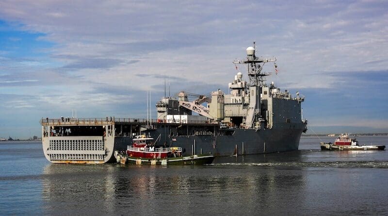 The dock landing ship USS Gunston Hall sails out of Naval Station Norfolk, Va., beginning operations for Exercise Steadfast Defender 24, Jan. 24, 2024. Photo Credit: DOD