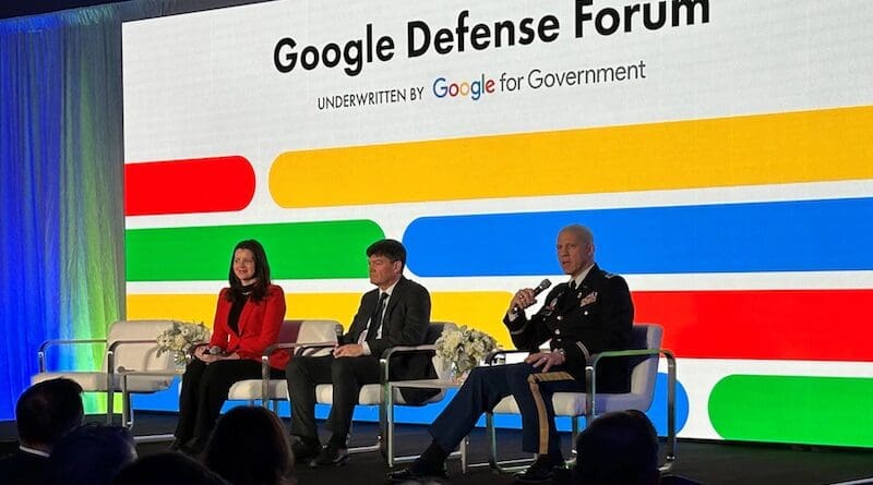 Army Col. Richard Leach, intelligence director of Defense Information Systems Agency, speaks at the Google Defense Forum in Arlington, Va., Jan. 25, 2024. Seated in the center is Jude R. Sunderbruch, executive director of the DOD Cyber Crime Center, and at the left is moderator Sandra Joyce, vice president, Mandiant Intelligence, Google Cloud. Photo Credit: David Vergun, DOD