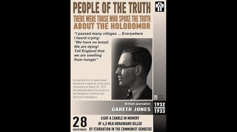 Commemorative propaganda poster for the annual Holodomor Remembrance Day, held on 28 November, depicting Gareth Jones. Credit: Wikipedia Commons
