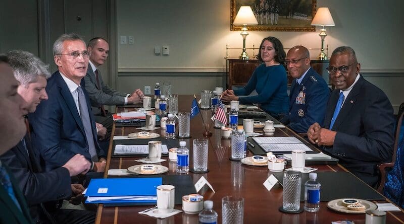 Secretary of Defense Lloyd J. Austin III, right center, and NATO Secretary General Jens Stoltenberg, left center, meet at the Pentagon, Jan. 29, 2024. Photo Credit: Chad McNeely, DOD