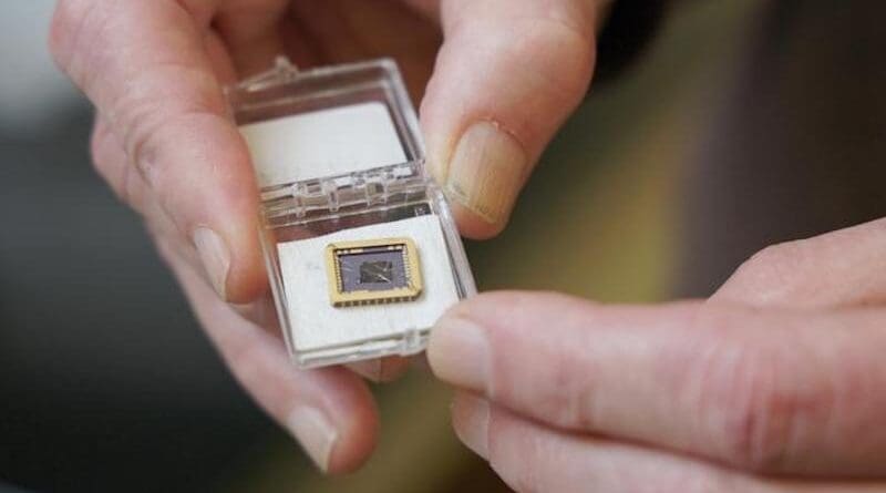 The team's graphene device grown on a silicon carbide substrate chip. CREDIT: Georgia Institute of Technology