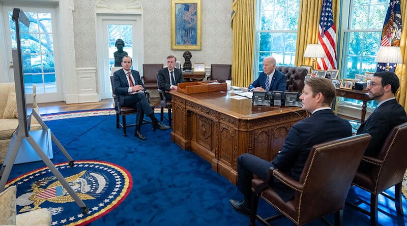 President Joe Biden participates in a zoom call with relatives of American citizens who are being held hostage or missing in the Israeli Hamas conflict Friday, October 13, 2023, in the Oval Office of the White House. (Official White House Photo by Adam Schultz)
