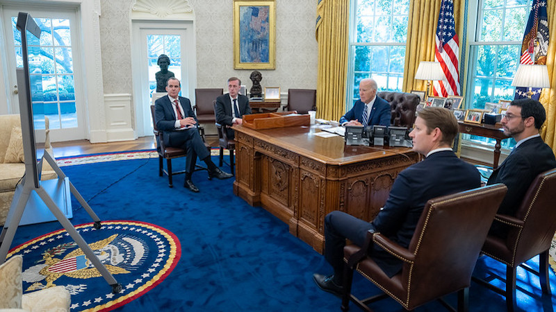 President Joe Biden participates in a zoom call with relatives of American citizens who are being held hostage or missing in the Israeli Hamas conflict Friday, October 13, 2023, in the Oval Office of the White House. (Official White House Photo by Adam Schultz)