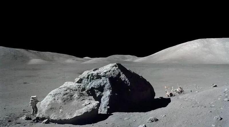 Image shows astronaut-geologist standing next to a huge lunar boulder during NASA’s Apollo 17 mission in 1972. The scientists in this research used rock samples from this Apollo mission. CREDIT: NASA/Eugene Cernan