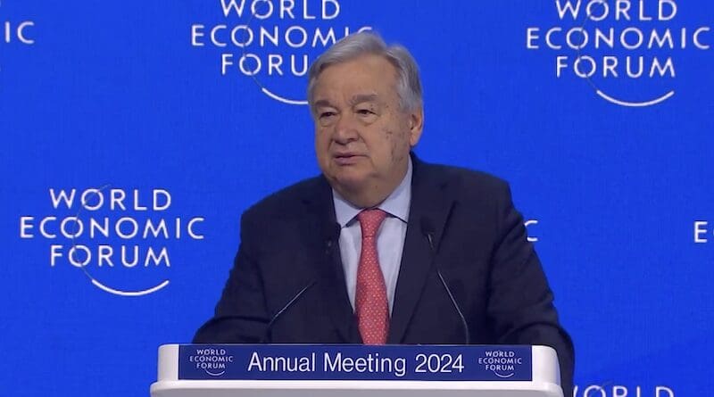 United Nations Secretary-General Antonio Guterres at World Economic Forum Annual Meeting 2024 in Davos. Photo Credit: WEF video screenshot