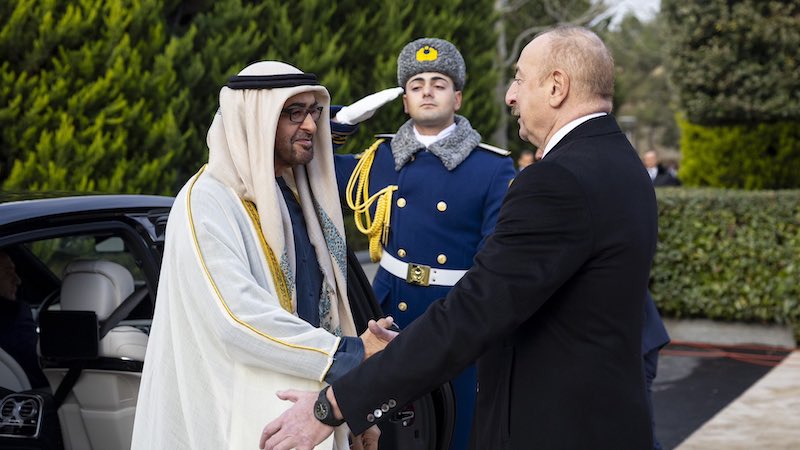 President of the UAE and the ruler of Abu Dhabi Sheikh Mohamed bin Zayed Al Nahyan with Azerbaijan's President Ilham Aliyev. Photo Credit: mohamedbinzayed, X