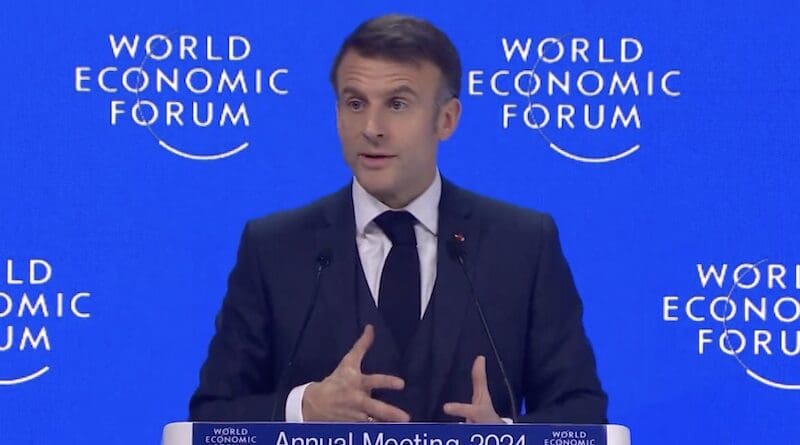 France's President Emmanuel Macron at the World Economic Forum Annual Meeting 2024 in Davos. Photo Credit: WEF video screenshot