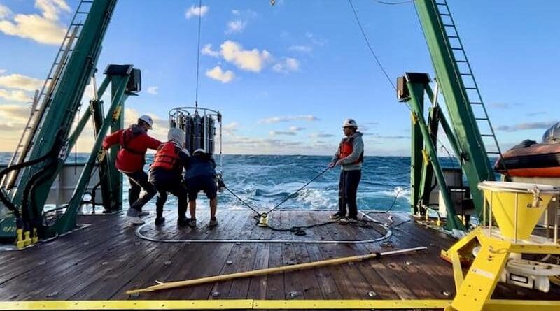 Scientists recover the CTD during choppy seas from the stern of the University of Miami's research vessel F.G. Walton Smith. The CTD is an instument used to collect water samples and measure conductivity, temperature, and depth of the ocean. CREDIT Photo: Tyler Christian, University of Miami Cooperative Institute for Marine and Atmospheric Studies.