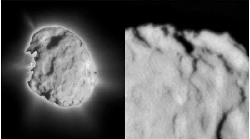 Left: Composite image of a long-exposure and short-exposure image of the nucleus of comet Wild 2, showing surface features and jet activity. Right: Close-up view from a different image showing pinnacles, depressions, and ridges on Wild 2. CREDIT: Courtesy: Geochemistry
