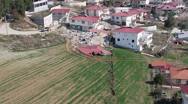 When the fault comes to town. Drone photograph of the town of Çiğli taken 16 days after the February 6th 2023 Earthquake Sequence in eastern Türkiye. The ground ruptured by the movement of the faults collapsing many buildings but leaving others intact. CREDIT Photo: Jiannan Meng
