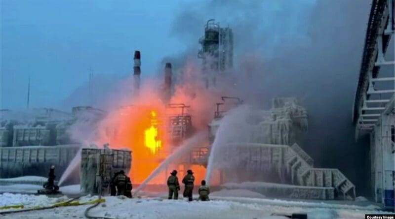 A fire broke out at a natural-gas terminal in the Russian Baltic Sea port of Ust-Luga on January 21. Photo Credit: RFE/RL