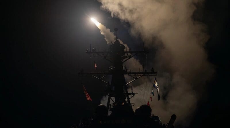 The guided-missile destroyer USS Gravely launches Tomahawk Land Attack Missiles in response to increased Iranian-backed Houthi malign behavior in the Red Sea. Photo Credit: DOD