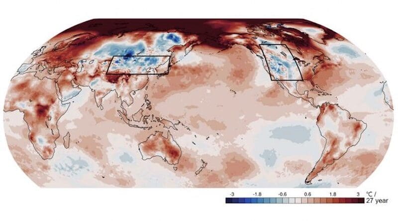 Observed temperature trends during the winters (Dec-Feb) of 1995/96-2021/22. CREDIT: Korea Institute of Science and Technology (KIST)
