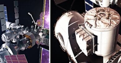 NASA and the Mohammed Bin Rashid Space Centre (MBRSC) have entered into an agreement for MBRSC to provide the Crew and Science Airlock module for the Gateway Space Station. As part of the agreement, NASA will fly a United Arab Emirates astronaut to Gateway on a future Artemis mission. Pictured is an artist’s concept of Gateway (left) and an artist’s concept of a government reference airlock (right). Photo Credit: NASA