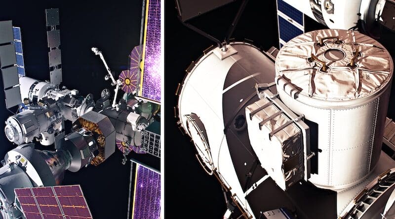 NASA and the Mohammed Bin Rashid Space Centre (MBRSC) have entered into an agreement for MBRSC to provide the Crew and Science Airlock module for the Gateway Space Station. As part of the agreement, NASA will fly a United Arab Emirates astronaut to Gateway on a future Artemis mission. Pictured is an artist’s concept of Gateway (left) and an artist’s concept of a government reference airlock (right). Photo Credit: NASA
