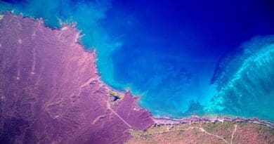 Aerial image of coral reef and coastline in the South Kona, Hawaiʻi region. CREDIT: ASU Global Airborne Observatory
