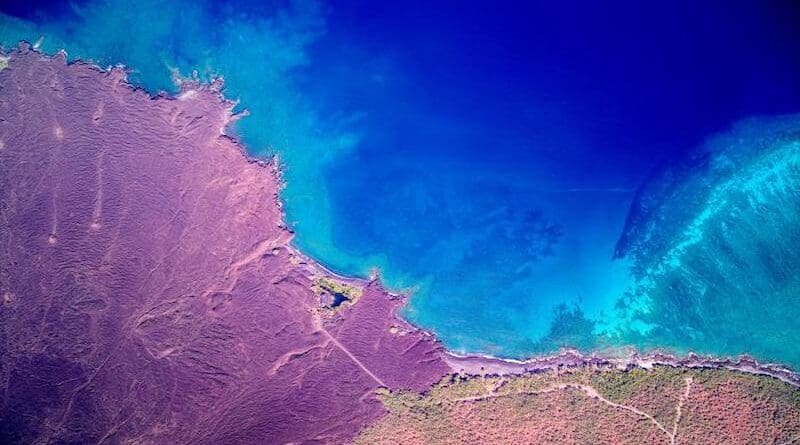 Aerial image of coral reef and coastline in the South Kona, Hawaiʻi region. CREDIT: ASU Global Airborne Observatory