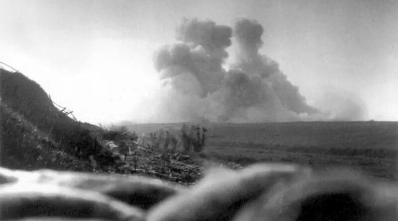 The earth settles following the explosion of the mine beneath Hawthorn Ridge Redoubt on July 1, 1916. Photo by Ernest Brooks