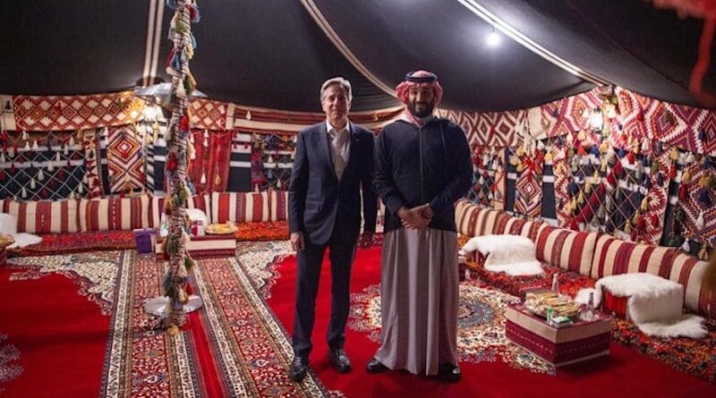 Saudi Arabia’s Crown Prince Mohammed bin Salman with US Secretary of State Antony Blinken at the Winter Tent in AlUla. (SPA)