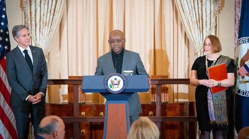 Zimbabwean businessman Strive Masiyiwa delivers remarks alongside Secretary of State Antony J. Blinken and Assistant Secretary for African Affairs Molly Phee at the U.S.-Africa Leaders Summit Foreign Ministers Dinner at the Department of State on December 14, 2022. [State Department photo by Freddie Everett/ Public Domain]