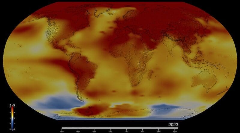 This map of Earth in 2023 shows global surface temperature anomalies, or how much warmer or cooler each region of the planet was compared to the average from 1951 to 1980. Normal temperatures are shown in white, higher-than-normal temperatures in red and orange, and lower-than-normal temperatures in blue. An animated version of this map shows global temperature anomalies changing over time, dating back to 1880. Credit: NASA’s Scientific Visualization Studio