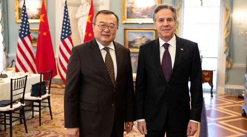 Secretary Antony J. Blinken meets with People’s Republic of China CCP International Liaison Department Minister Liu Jianchao at the Department of State in Washington, D.C., January 12, 2024. (Official State Department photo by Chuck Kennedy)