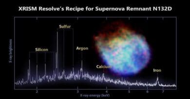 XRISM’s Resolve instrument captured data from supernova remnant N132D in the Large Magellanic Cloud to create the most detailed X-ray spectrum of the object ever made. The spectrum reveals peaks associated with silicon, sulfur, argon, calcium, and iron. Inset at right is an image of N132D captured by XRISM’s Xtend instrument. CREDIT: JAXA/NASA/XRISM Resolve and Xtend