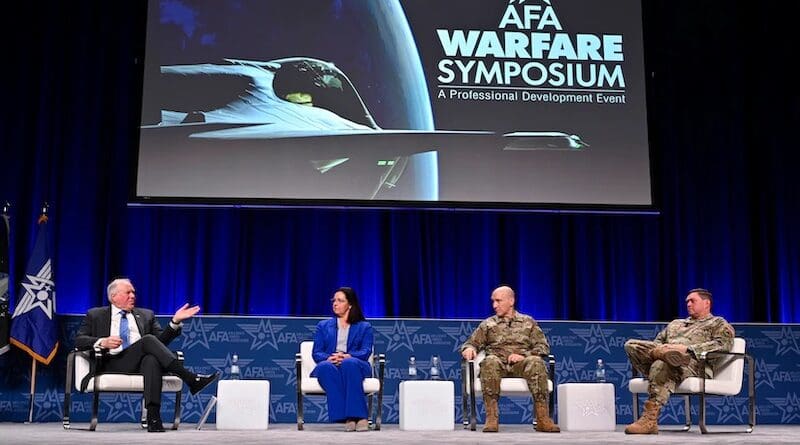 Secretary of the Air Force Frank Kendall leads the panel discussion “Reoptimizing for Great Power Competition: A Senior Leaders Discussion” with Assistant Secretary of the Air Force for Financial Management and Comptroller Kristyn Jones, performing the duties of the undersecretary of the Air Force, Air Force Chief of Staff Gen. David W. Allvin and Chief of Space Operations Gen. B. Chance Saltzman during the Air and Space Forces Association 2024 Warfare Symposium in Aurora, Colo., Feb. 12, 2024. Photo Credit: Eric Dietrich, Air Force