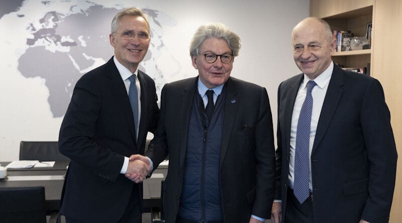 NATO Secretary General Jens Stoltenberg with the European Commissioner for the Internal Market, Thierry Breton and NATO Deputy Secretary General Mircea Geoană. Photo Credit: NATO