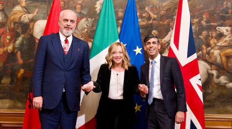 Albania's Prime Minister Edi Rama with Italy's PM Giorgia Meloni and the UK's PM Rishi Sunak. Photo Credit: Italy PM office